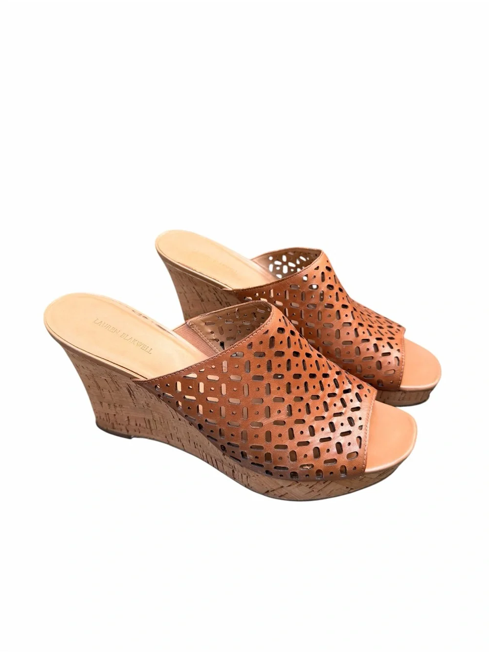 Lauren Blakwell Women’s 11 Tan Ilene Perforated Cork Wedge Slide Sandals Boho